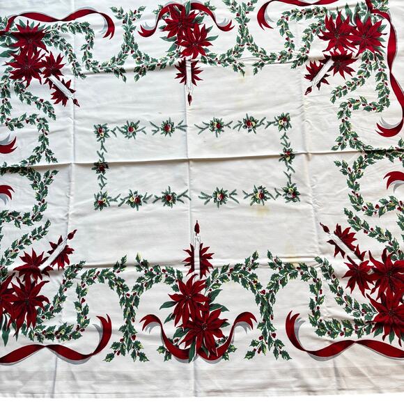 Vintage Christmas Tablecloth printed cotton white red poinsettias holly FLAWS - Picture 4 of 11